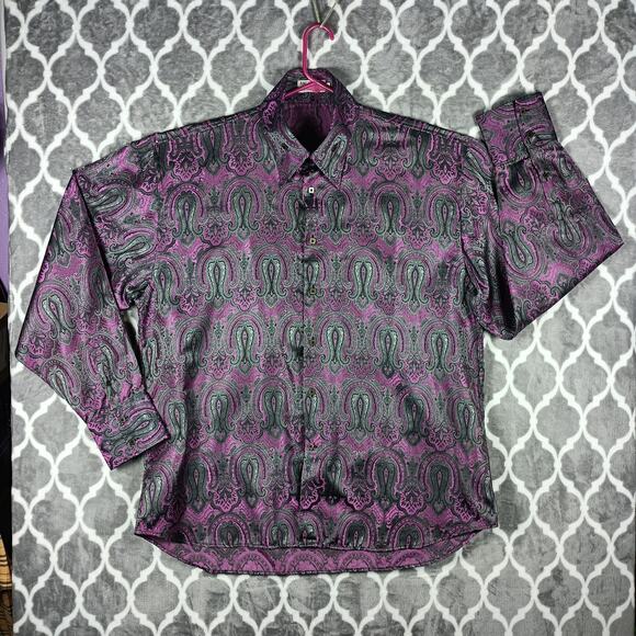 Angelino for Bermuda Men Shirt Men Size 5XL Purple Black Paisley Brocade Flashy - Picture 1 of 14